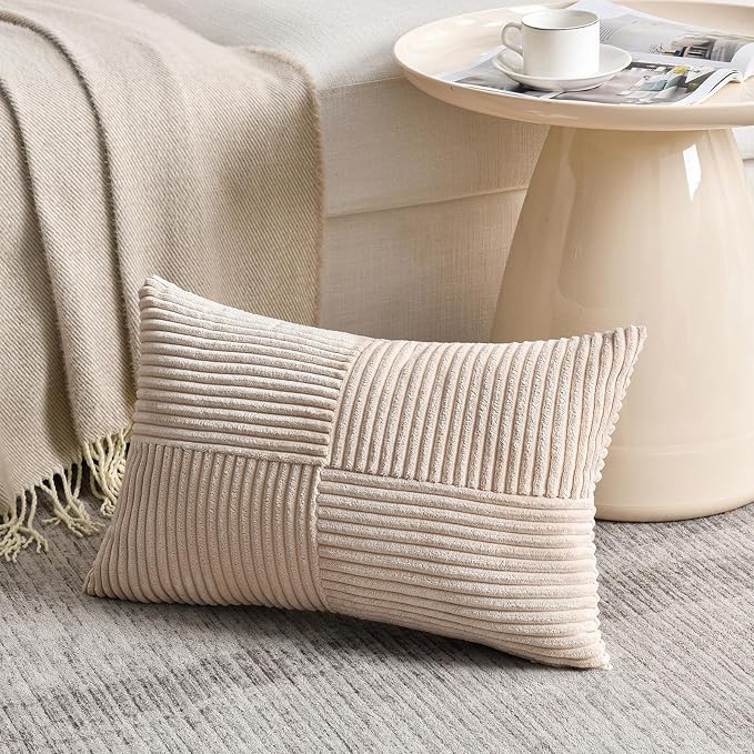 Fancy Homi Tan Lumbar Decorative Throw Pillow Covers 16x28 Inch for Living Room Couch Bed Sofa, Boho Home Decor, Soft Striped Corduroy Rectangle Accent Beige Cushion Case 40x70 cm