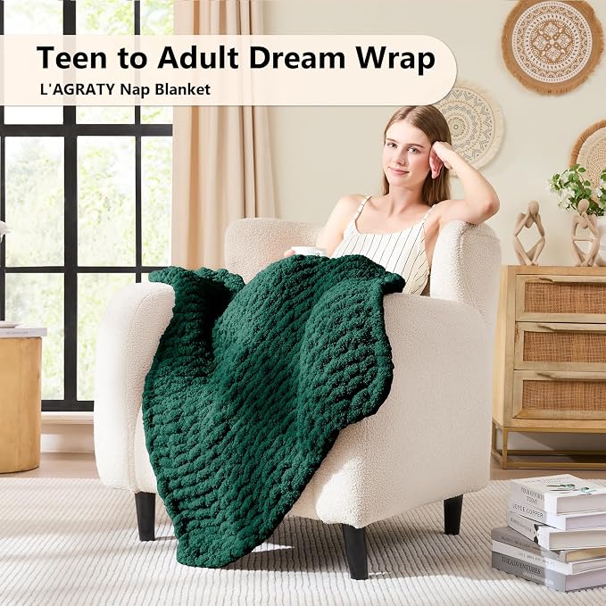 L'AGRATY Chunky Knit Throw Blanket for Couch, 30 x 40 Inches, Olive Green | Handmade Chenille Crochet Blanket for Sofa Bed, Thick Cable Knitted Blankets for Room Home Decor, Birthday Gift for Women Mom