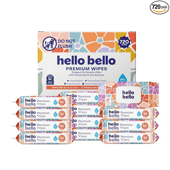 Hello Bello Premium Wipes, Designed for Sensitive Skin with Chamomile & Aloe Extracts, Flower Pop (12 Resealable Packets = 720 Total Wipes)