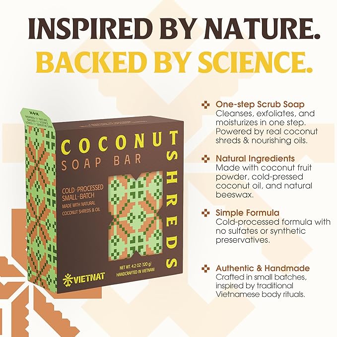 Cold-Process Natural 2-in-1 Soap Bar (4.2 oz) with Coconut Shreds | Light Exfoliation & Creamy Lather Body Bar | Cold-Processed, Handmade in Vietnam (Pack of 1)