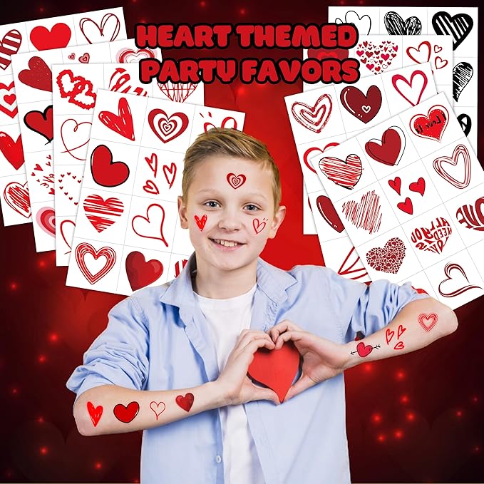 96PCS Red Heart Pre Cut Temporary Tattoos Themed Birthday Party Decorations Supplies Favors Decor Valentine Love Tattoo Stickers Gifts For Game Boys Girls Classroom School Prizes Couple Anniversary