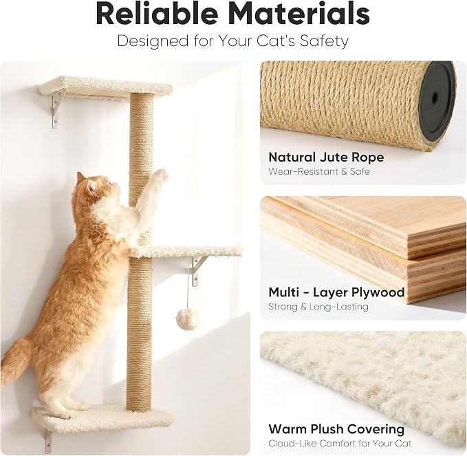 FUKUMARU Cat Wall Shelves, 4 in 1 Set, Beige | Stable & Safe Cat Walls Furniture, Wooden Kitten Climbing Wall with Scratching Post for 16 Inch Drywall