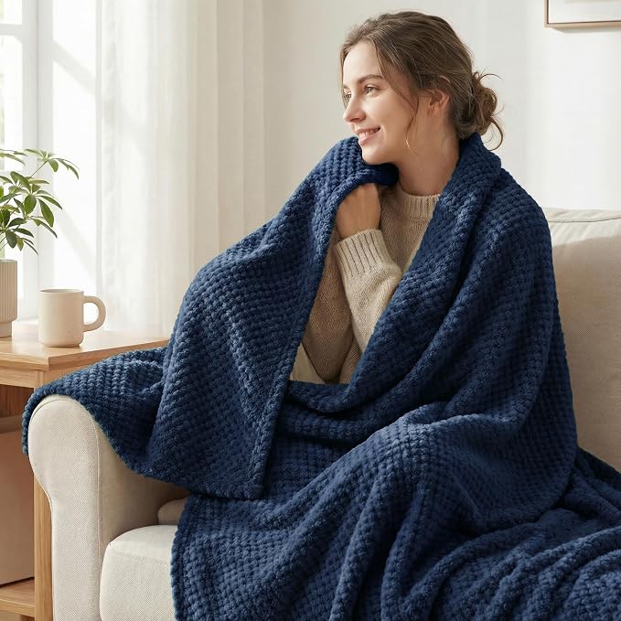Exclusivo Mezcla Soft Waffle Fleece Bed Blanket King Size, Navy | Lightweight Plush Blanket for Bed, Bedroom, Cozy Flannel with Waffle Texture, Stylish Home Decor, All Season, 104x90 Inches