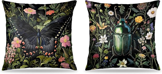 William Morris Inspired Butterfly and Beetle Pillow Covers 18x18 Set of 2, Dark Cottagecore Wildflower Botanical Insect Moth Decorative Throw Pillow Covers for Home Bedroom Living Room