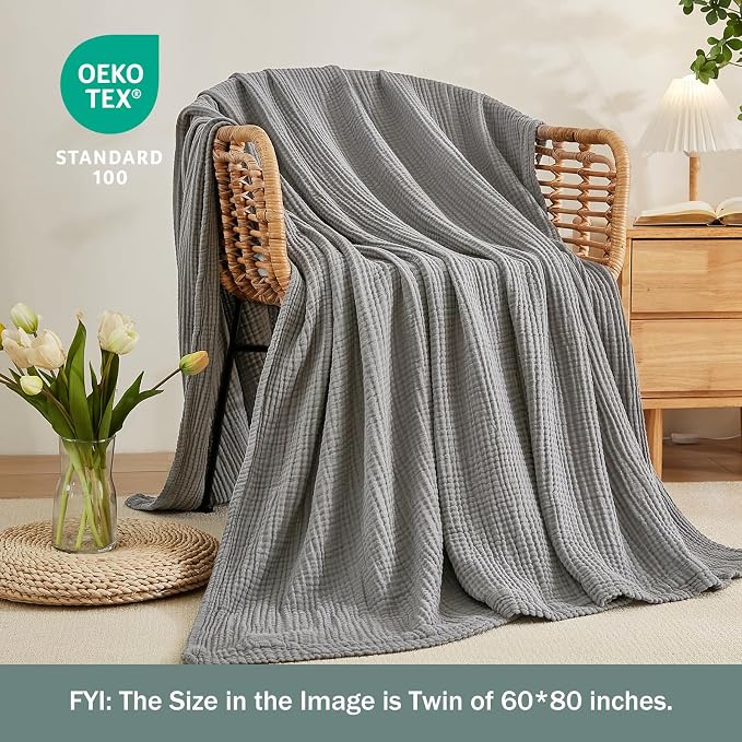 EMME Muslin Blankets for Adults Throw Blanket for Couch Breathable Gauze Soft Lightweight Airy Dark Grey Throw 50"x60"
