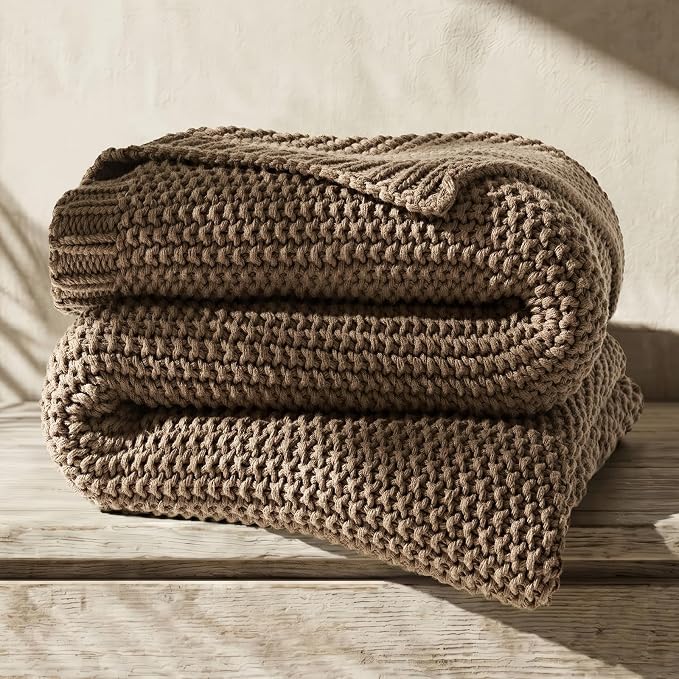 Organic Cotton Chunky Knit Throw Blanket, 60 x 80 Stone Taupe | OCS Certified Organic Cotton, Seed Stitch Knit, Soft & Breathable, Cozy Midweight, Decorative Throw for Couch, Bed & Sofa