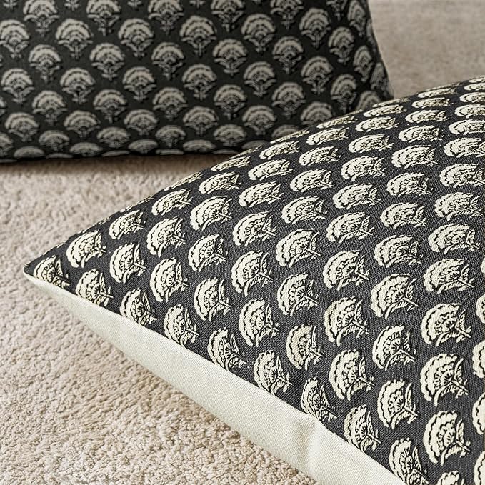 MIULEE Floral Print Decorative Euro Pillow Covers 22x22, Black | Vintage Boho Farmhouse Modern Home Decor, Set of 2, Block Print Cushion Covers for Couch Sofa Bed Living Room