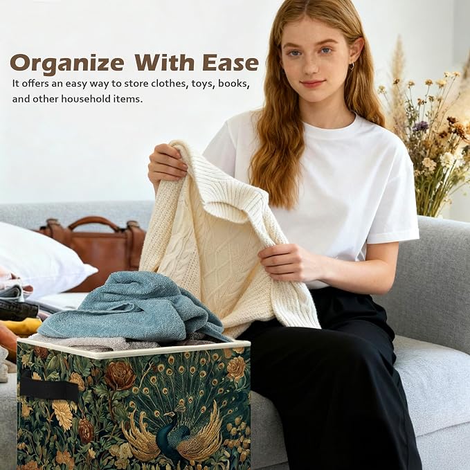 Peacock Floral Storage Box Bins, Vintage Cottagecore Wildflower Peacock Collapsible Storage Basket Organizer for Bedroom Laundry Room Home Clothes Books, Decor for Room
