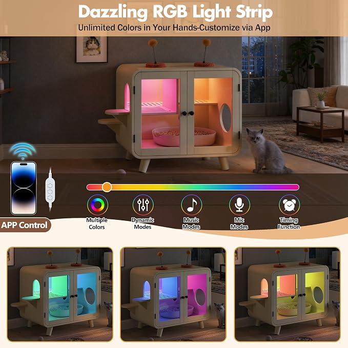 30.7 Inch Cat Litter Box Enclosure Furniture with Stairs, Beige | RGB LED Light, Dual Glass Doors, Litter Leak Walkway, Pom-Pom Toys, Side Stairs and 220 lb Top Capacity for Indoor Cat Care