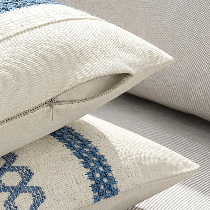 MIULEE Set of 2 Coastal Blue Boho Decorative Pillow Covers 18x18 Inch | Farmhouse Couch Throw Pillows, Modern Cotton Cushion Covers, Macrame Woven Spring Decor for Bed Sofa Chair