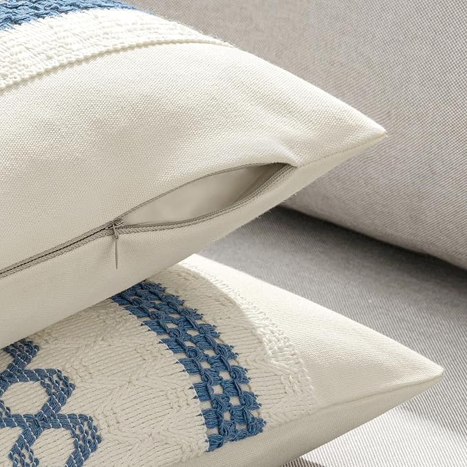 MIULEE Set of 2 Blue Boho Decorative Lumbar Pillow Covers 12x20 Inch | Farmhouse Coastal, Couch Throw Pillows, Modern Cushion Covers, Macrame Woven Spring Decor for Bed Sofa Chair