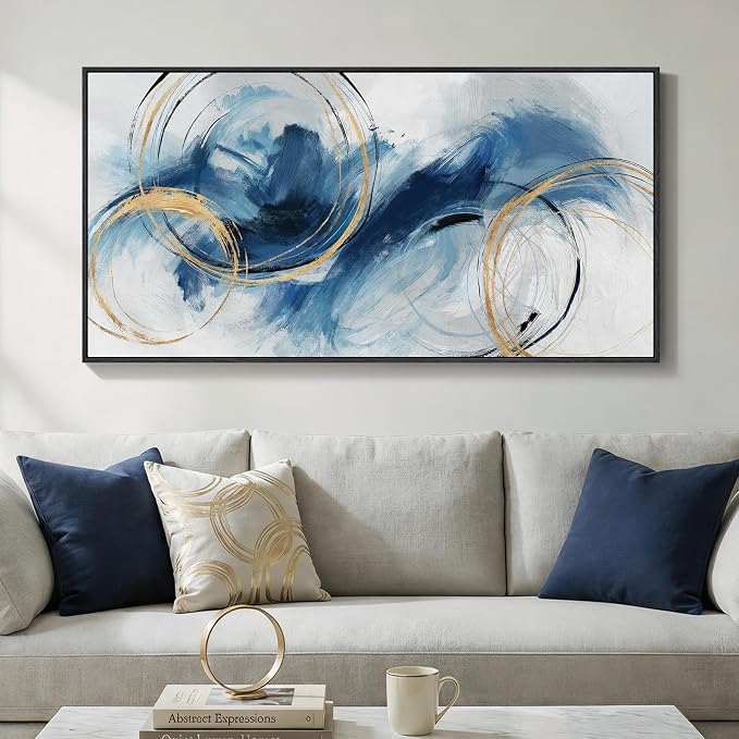 Extra Large Framed Navy Blue Abstract Canvas Wall Art for Living Room, Minimalist Modern Prints Paintings Artwork for Walls, Horizontal Contemporary Pictures Wall Decor for Bedroom, Office, 30x60 In