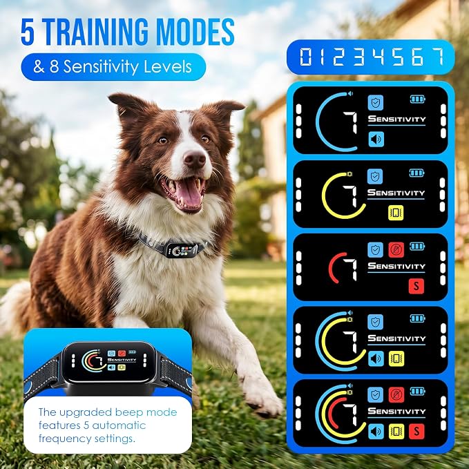 Dog Bark Collar, Auto Anti Barking Collar for Large Medium Small Dogs 11-120lbs, 7 Sensitivity Levels, 5 Safe Training Modes, Humane Bark Training Collar