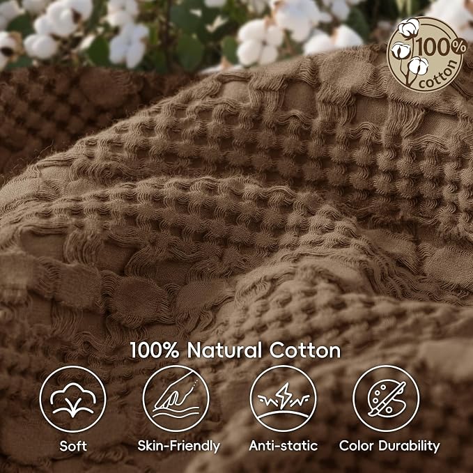 PHF 100% Cotton Waffle Blanket Twin Size, Lightweight Breathable Summer Blanket for Hot Sleepers, Pre-Washed Soft Layer for Bed, Dorm, Couch & Guest Room, Home Decor Gift, 66"x90", Chocolate