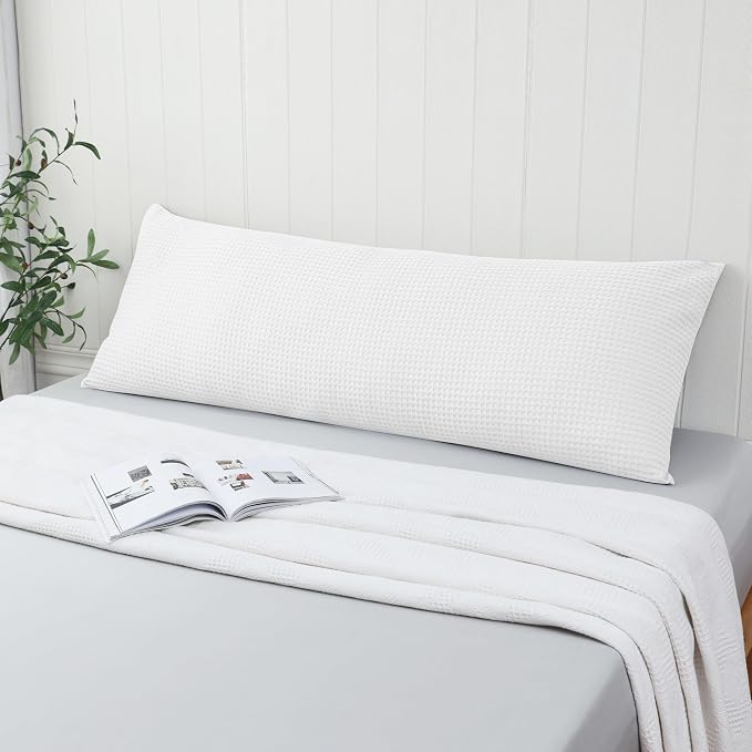 100% Egyptian Cotton 600 TC Waffle Weave Body Pillowcase with Zipper | 1 Pack Ultra Soft Breathable Pillow Cover, Skin-Friendly Bed Pillow Sham, Body Pillow Case Cover, White, 20" x 54"
