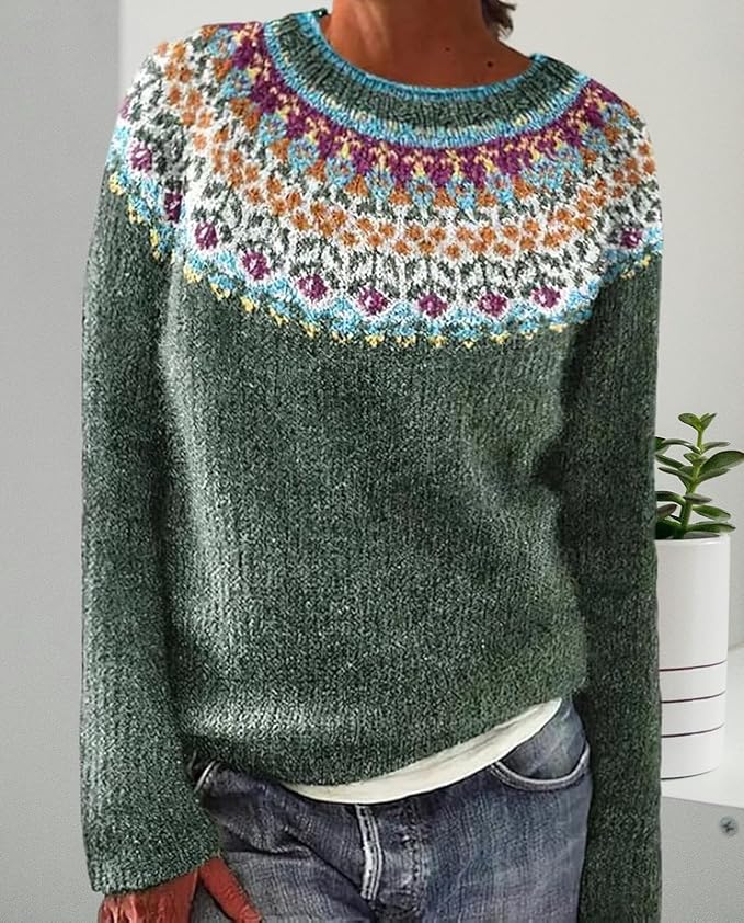 Zhyaj Fair Isle Sweater for Womens Winter Long Sleeve Vintage Knitted Sweater Casual Fall Crew Neck Pullover Sweaters