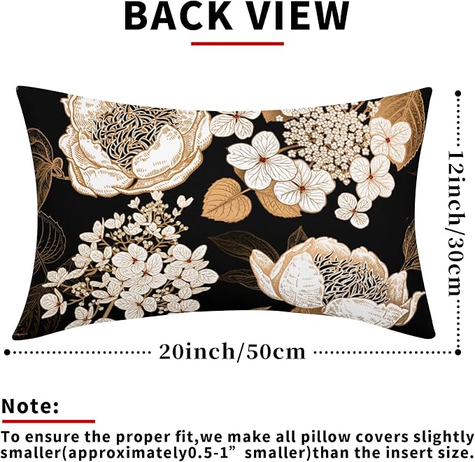 Vintage Flowers Lumbar Pillow Covers 12X20 Inch Set of 2 White Floral Gold Leaves Botanical Decorative Pillow Cases Rustic Black Cotton Linen Cushion Case Farmhouse Home Decor For Sofa Couch Outdoor