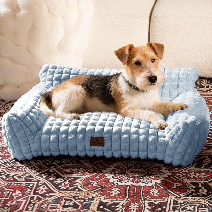 Cat Couch Bed with Fluffy Faux Rabbit Fur for Indoor Cats, 30 Inch | Cute Fuzzy Cat Sofa Recliner With Washable Cover, Suppportive Cozy Pets Couch in 3D Diamond Pattern, Light Blue