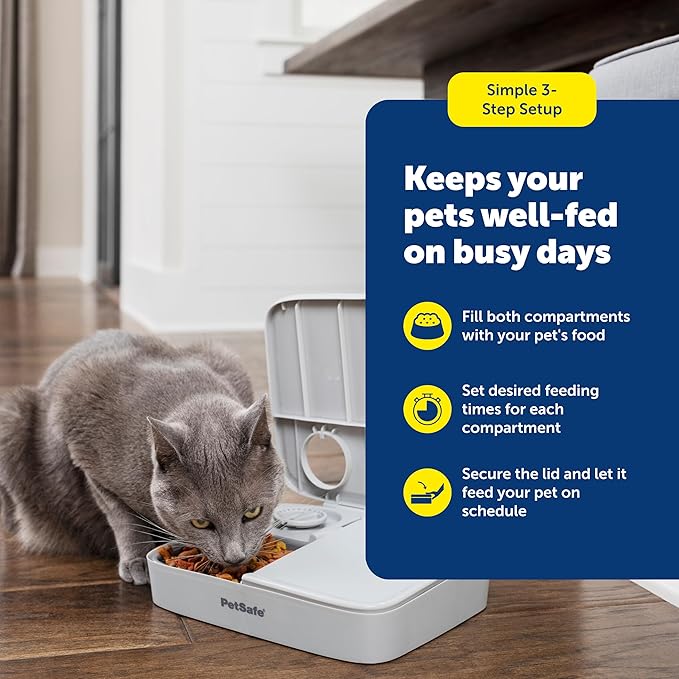PetSafe Analog 2 Meal Pet Feeder, Dog & Cat, 3 Cup/16 oz, Tamper-Resistant | Slow Feed Portion Control, Dial Timers Schedule 2 Automatic Meals in 30-Min Steps, Each Compartment Holds up to 1.5 Cups