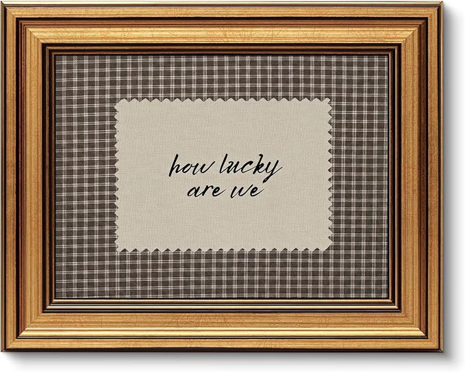Gold Framed Wall Art, How Lucky Are We Canvas Prints, Rustic Brown Gingham Picture Wall Decor, Funky Preppy Stripe Quotes Artwork for Bedroom Dorm Apartment 12x16 inch