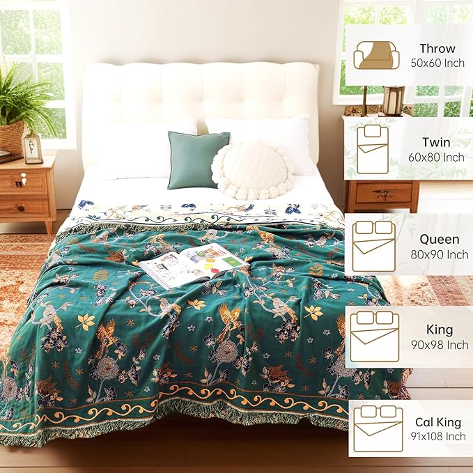 VANJOROY Boho 100% Cotton Large Throw Blanket - All Season Rustic Ultra Soft Breathable Floral Bird Blanket for Bed Sofa Couch Chair Bedspread Quilt Gift, 80" x 90"-Teal/Beige