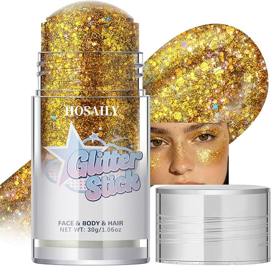 Gold Body Glitter Stick, Holographic Fairy Costume Makeup Face Hair Glitter Stick Rave Outfits for Women, Shimmer Face Paint Singer Concert Festival Party Accessories, 1.06 OZ
