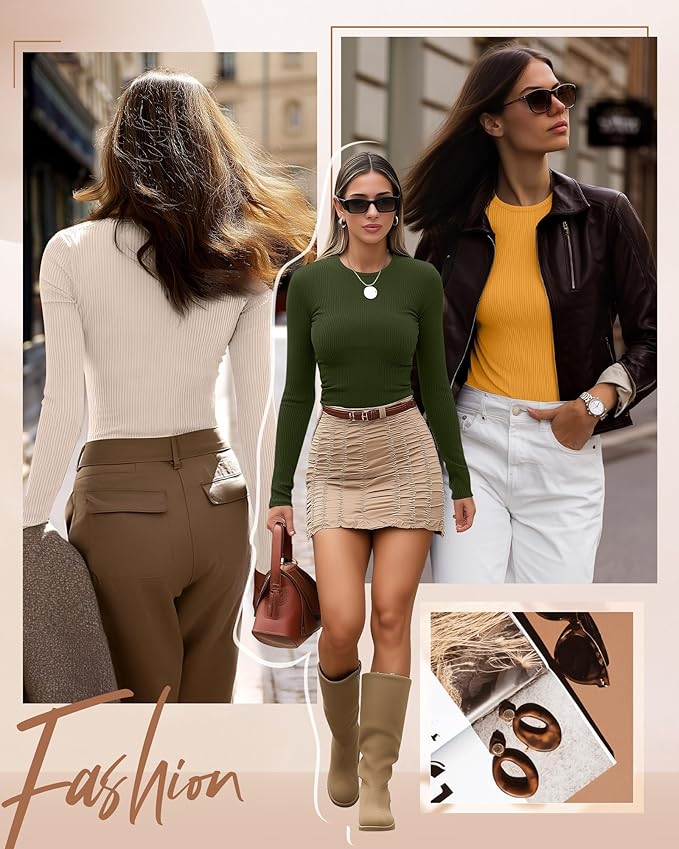 Ficerd 3 Pack Women's Ribbed Long Sleeve Tops, Crew Neck Slim Fit Undershirts Knit Basic Casual Stretch Layering Tee Shirts