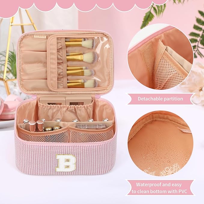 OCHEAL Makeup Bag Valentines Day Gifts for Women, Monogram Cosmetic Bag Pink Travel Makeup Case Beauty Toiletry Bag Organizer Personalized Gifts for Girls Bridesmaid, Sister, Wife, Friends Initial B