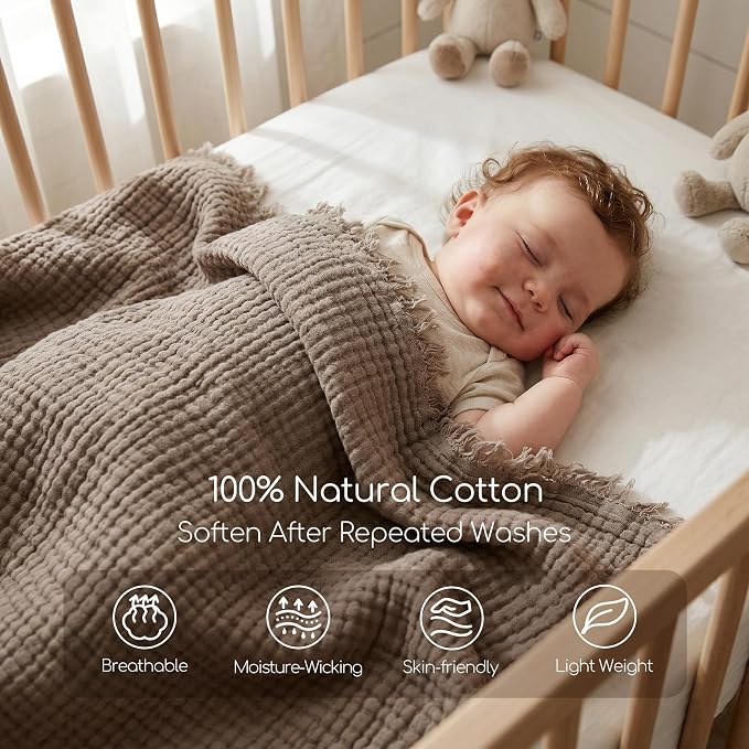 WDCOZY Muslin Throw Blanket 100% Cotton Blankets 4-Layer Breathable Lightweight Soft for Couch Boho Farmhouse Linen Tassels Ruffle Gauze Blankets 50x60 Inches Brown Mocha Chocolate Coffee Taupe