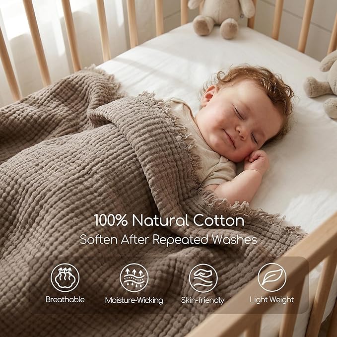 WDCOZY Muslin Blanket 100% Cotton Blankets Twin Size 4-Layer Breathable Lightweight for Couch Bed Boho Farmhouse Linen Tassels Ruffle Gauze Blankets 60x80 Inches Brown Mocha Chocolate Coffee Taupe
