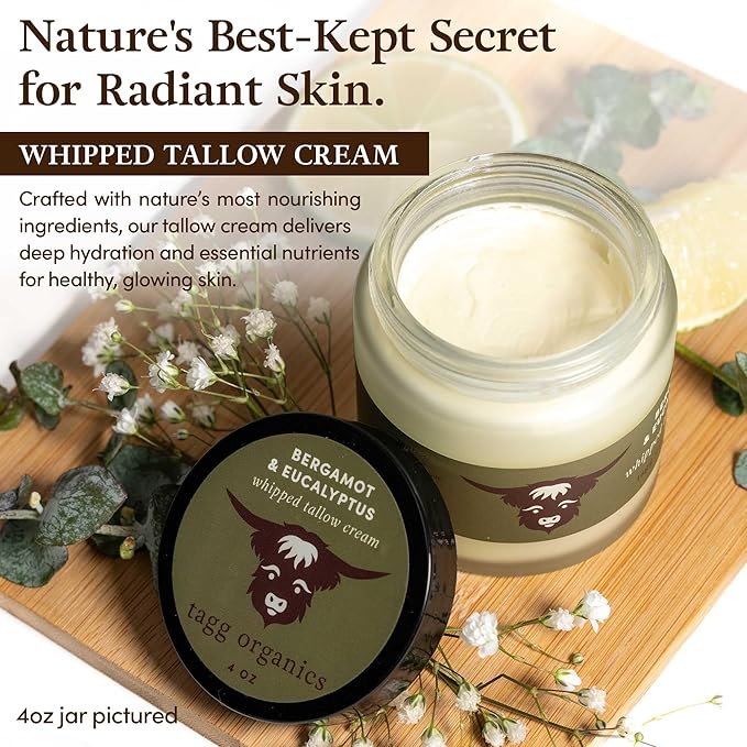 Whipped Tallow Cream for Skin - 100% Organic & Chemical-Free - Deep, Long-Lasting Hydration & Nourishment for Dry & Sensitive Skin (Bergamot/Eucalyptus 2oz)
