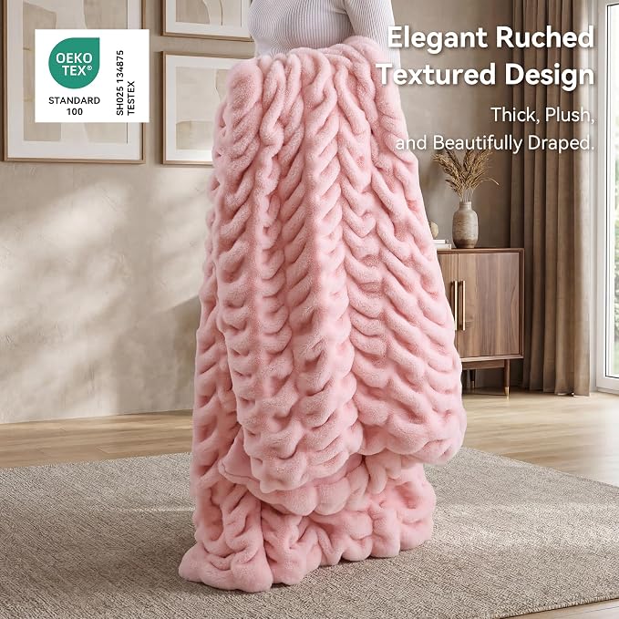 Blush Pink Fluffy Blanket for Couch - Luxury Faux Rabbit Fur 50"x60" | Ultra Soft & Plush Comfort Ruched Blanket, Cozy Fuzzy Fleece Throw for Sofa, Bed & Office, Gift for Women, Pink Room Decor