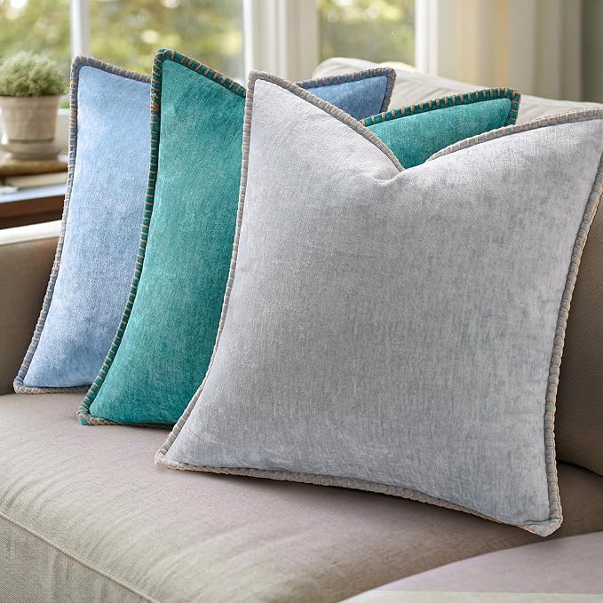 decorUhome Soft Chenille Throw Pillow Covers 18x18 Set of 2 Turquoise | Fall Textured Decorative Throw Pillow Cases Stitched Edge Modern Farmhouse Luxury Boho Velvet for Couch Sofa Bed Home Decor
