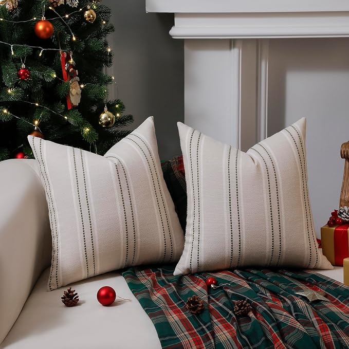 Hckot Spring Decorative Pillow Covers 18x18 Striped Throw Pillows Textured Linen Green Pillow Covers Farmhouse Decor Cushion Covers for Couch Bed Living Room,Sage Green