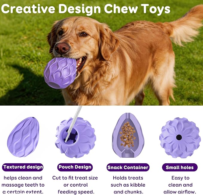 Interactive Treat Dispensing Dog Toy, Natural Rubber Chew Toy for Aggressive Chewers, Stuffable Treat Toy for Large & Medium Dogs, Mental Stimulation for Dogs, Boredom Relief, Purple