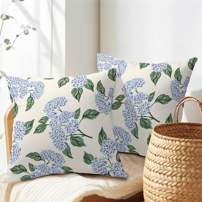 Square Blue Hydrangea Flower Pillow Covers 22x22 Inch Set of 2 Spring Blue Floral Cornflower Throw Pillow Cases Outdoor Linen Square Cushion Cover Farmhouse Decor for Bedroom Home Sofa Couch Bed