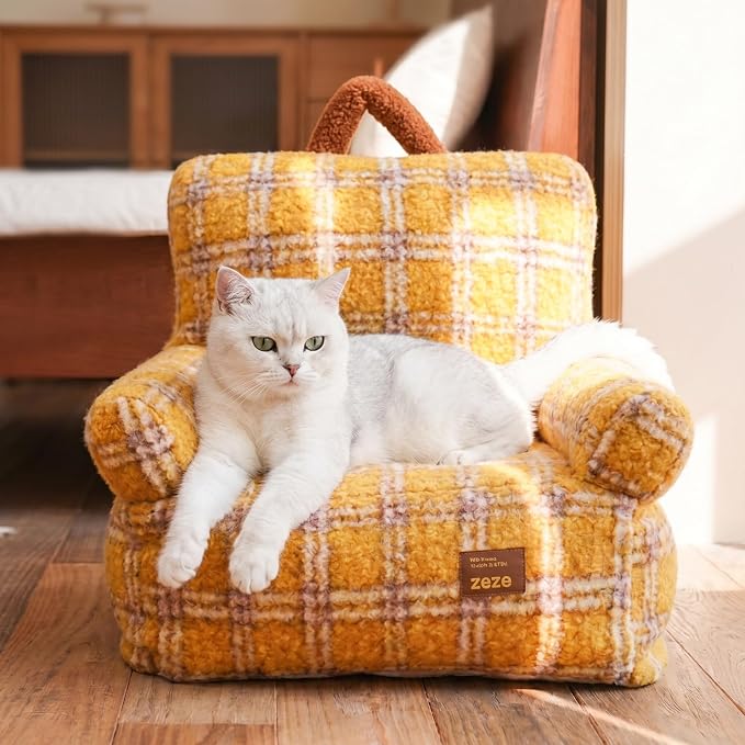 ZEZE Vintage Furniture Style Sofa Pet Bed - Washable Plush Dog & Cat Couch, Retro Style Pet Furniture, Soft Cozy Support for Pets (Small, Plaid)