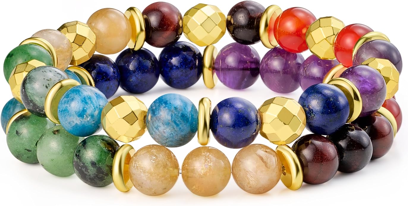 Bivei Natural Gemstone Semi Precious Healing Crystals Handmade Stretchy Round Beads Bracelet,Stocking Stuffers for Women Enhance Positive Energy
