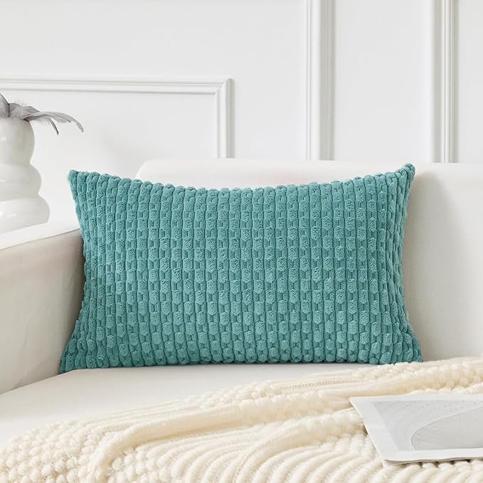Kevin Textile Soft Corduroy 12"x20" Lumbar Pillow Cover 1 Pack, Aqua Green | Boho Stripe Plush Corduroy Decorative Oblong Cushion Cover Modern Farmhouse Home Decor for Sofa Couch Bed Chair