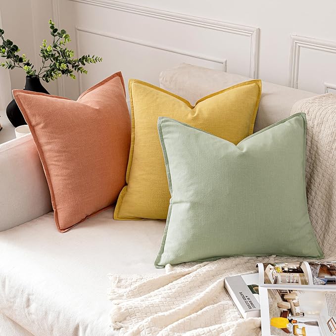 MIULEE Decorative Linen Pillow Covers 18x18 Inch Yellow | Boho Farmhouse Neutral Couch Throw Pillows for Bed, Pack of 2 Accent Modern Pillowcases, Sofa Livingroom Home Decor
