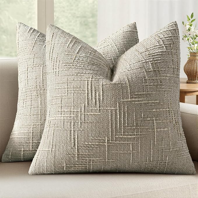 MIULEE Chenille Textured Throw Pillow Covers Light Brown 18x18 Set of 2 | Slubby Decorative Pillows, Boho Farmhouse Home Decor, Modern Neutral Cushion Covers for Couch Sofa Bed Living Room