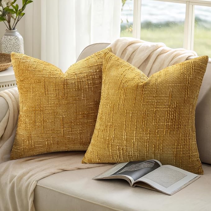 decorUhome Textured Chenille Throw Pillow Covers 20x20 Set of 2 Yellow | Fall Modern Farmhouse Soft Cozy Slubby Couch Pillow Cases Boho Decorative Pillow Cases for Bed Sofa Living Room Home Decor