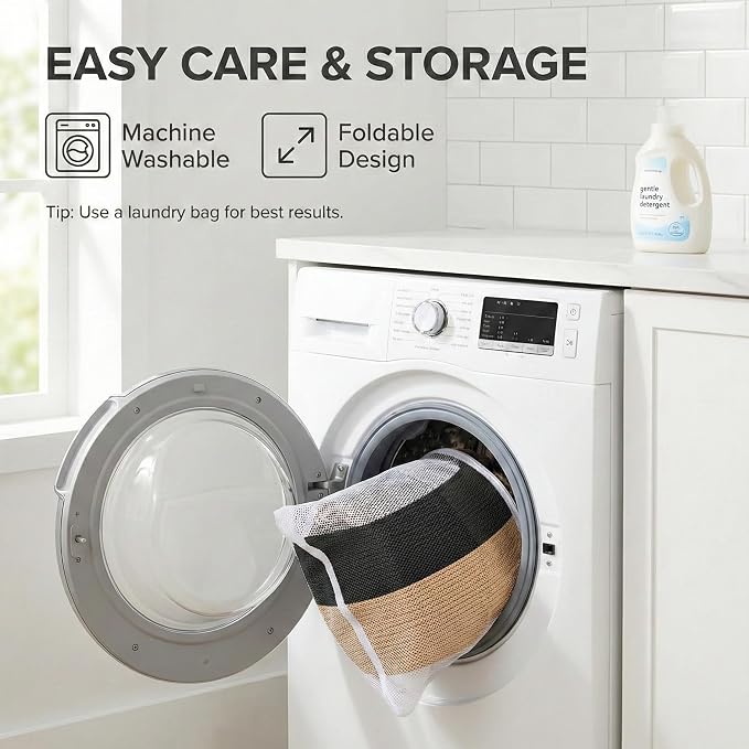 JMvicyroam 65L Extra Large Machine Washable Cotton Rope Blanket Basket | Collapsible laundry hamper, Reinforced handles, For blankets, pillows, toys and clothes, Living room and bedroom, Black&Jute