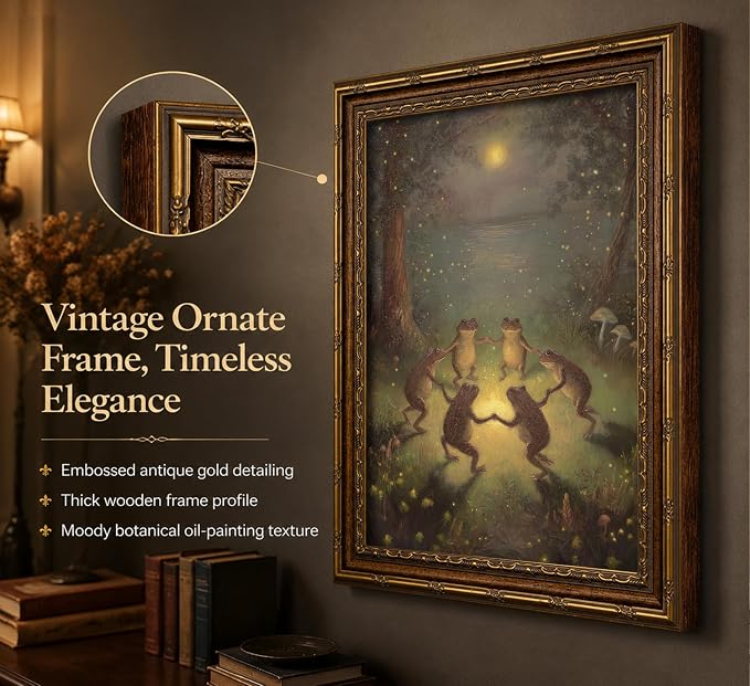 Vintage Gold Framed Frog Wall Art,Frogs Dancing in Moonlight Forest Painting Canvas Prints,Whimsical Animal Wall Decor,Retro Country Toad Poster Artwork,for Corridor Living room Bedroom Kitchen