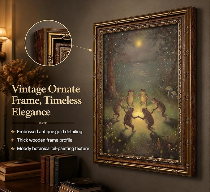 Vintage Gold Framed Frog Wall Art,Frogs Dancing in Moonlight Forest Painting Canvas Prints,Whimsical Animal Wall Decor,Retro Country Toad Poster Artwork for Corridor Living room Bedroom Kitchen
