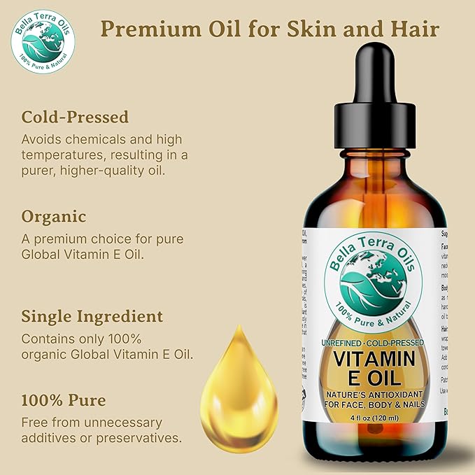 Bella Terra Oils - Organic Vitamin E Oil 8 oz - Luxurious Organic Wheat Germ Derived Oil, Abundant in Organic Vitamin E Antioxidants, Skin's Best Friend for a Radiant Glow