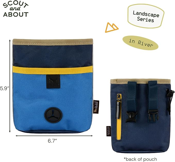 P.L.A.Y. Scout & About Deluxe Training Treat Pouch with Poop Bag Dispenser - 3 Way Wear, Detachable & Adjustable Strap, Reflective Strips, Water-Resistant Back Zipper Pocket, Squeaker (River)
