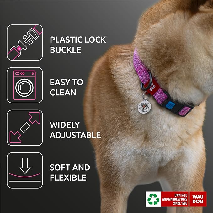 WAUDOG Reflective Cotton Dog Collar Eco-Friendly Alt to Nylon Collar for Small Medium and Large Dogs - Pet Collar with QR ID Tag - Puppy Collar for Large Breed Dogs - Adjustable Male Female Dog Collar