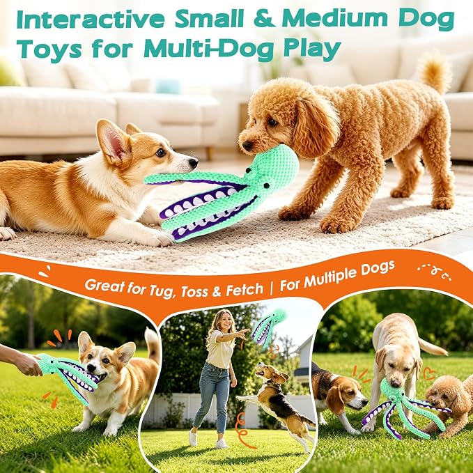 Fuufome Octopus Squeaky Dog Toys for Puppy, Small and Medium Large Breed | Tough Soft Fabric, Interactive Daily Companionship, Tug of War Doggie Toy, Training Reward, Birthday Gift