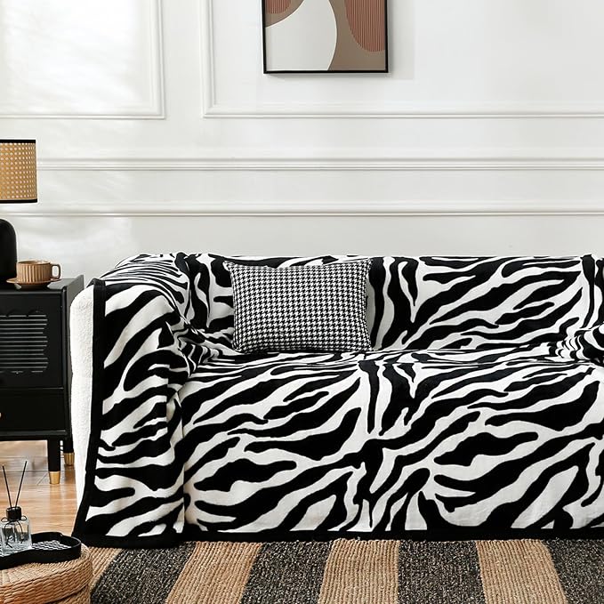 PU MEI Fuzzy Flannel Throw Blanket for Sofa, Couch, Bed, Black and White Zebra Print Blanket Animal - Lightweight Double Sided Cozy Super Soft Blankets, 80" x 90" inches